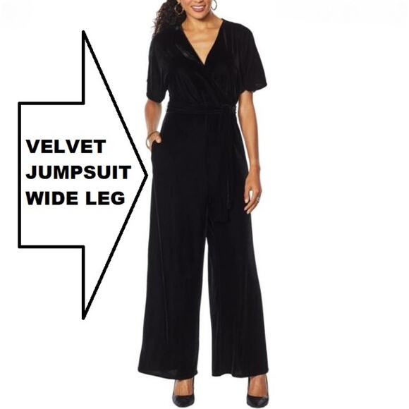 Colleen Lopez Pants - Colleen Lopez Jumpsuit Womens 1X Wide Leg Black Velvet Wrap Belted Holiday Party